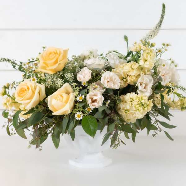 Cream and pale yellow roses arranged in a white pedestal vase