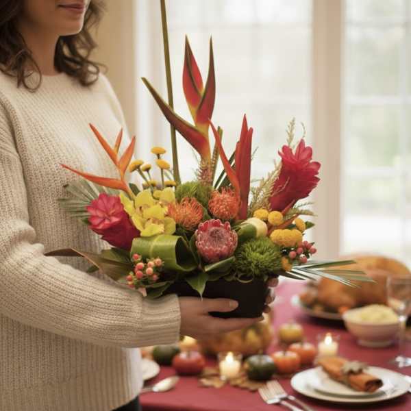Woman holding a tropical floral arrangement in a black container