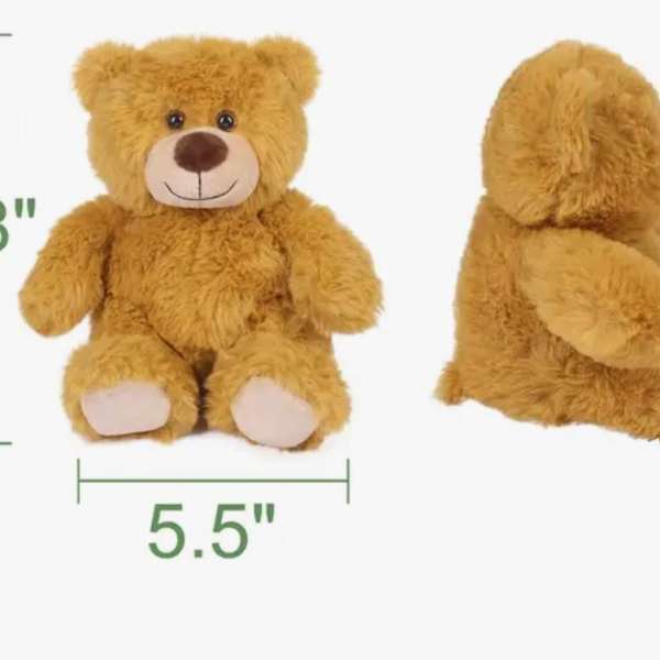 Small brown teddy bear shown front and side with size measurements