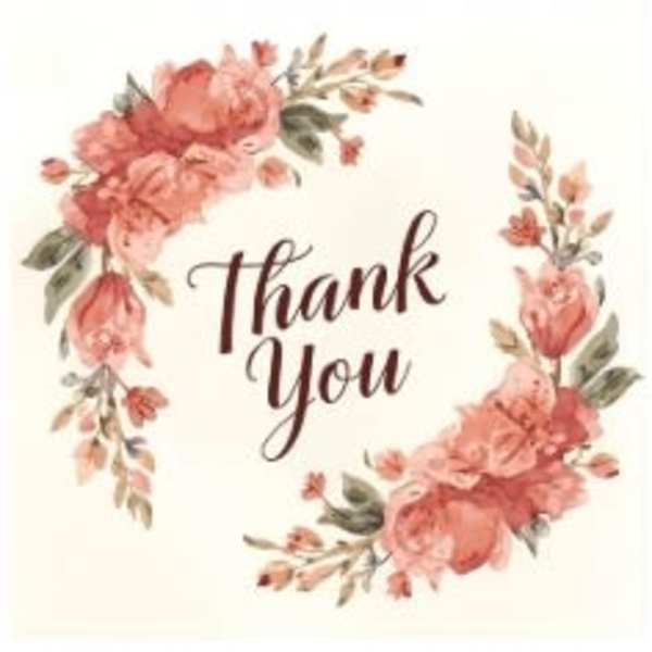 Square thank you card with peach and pink floral wreath around script text
