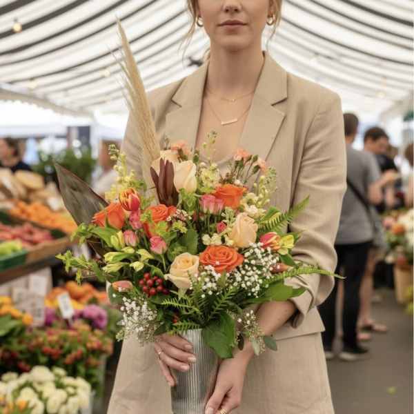 Woman holding a mixed bouquet in a ribbed metal vase