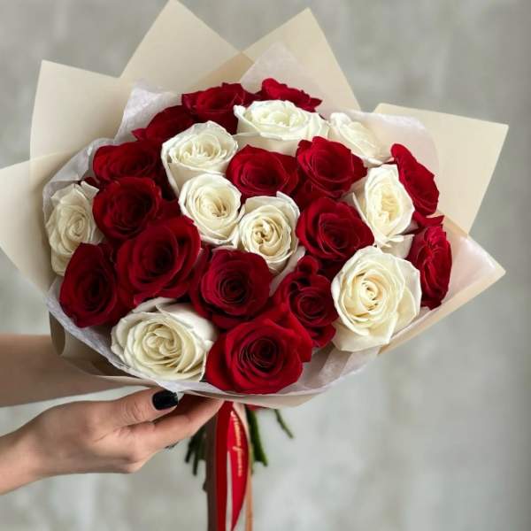 Bouquet of red and white roses wrapped in cream paper