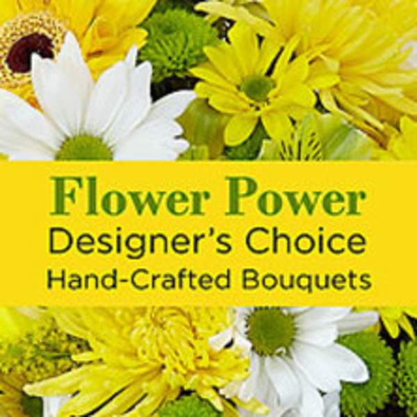 Yellow and white daisies with text reading Flower Power Designer's Choice