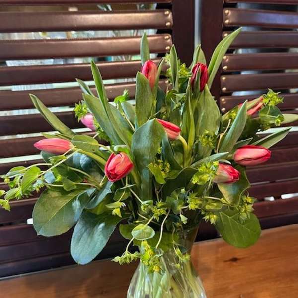 Pink tulips arranged in a clear glass vase