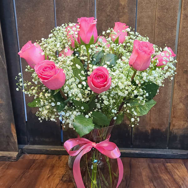 Dozen Pink Roses with Babies Breath