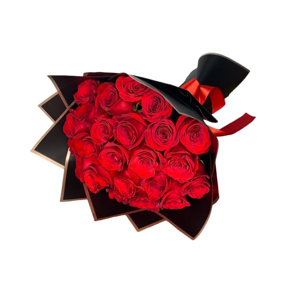 Bouquet of red roses wrapped in black paper with a red ribbon