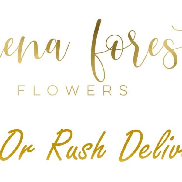 Gold text reading "galena forest flowers" and "Timed Or Rush Delivery" on white background