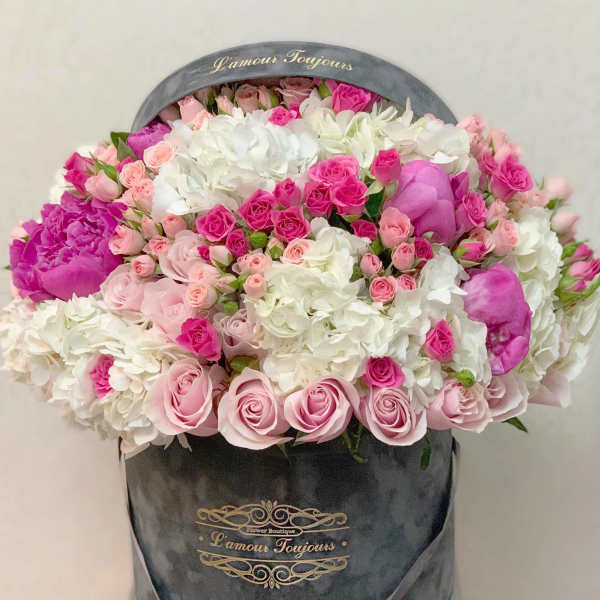 Large bouquet of pink and white roses in a gray hatbox