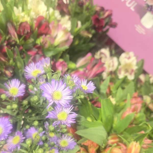 Bouquets of purple daisies and orange alstroemeria flowers