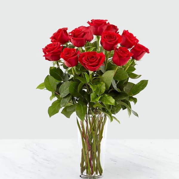 Crimson Grace – 12 Long Stem Red Roses in Vase
