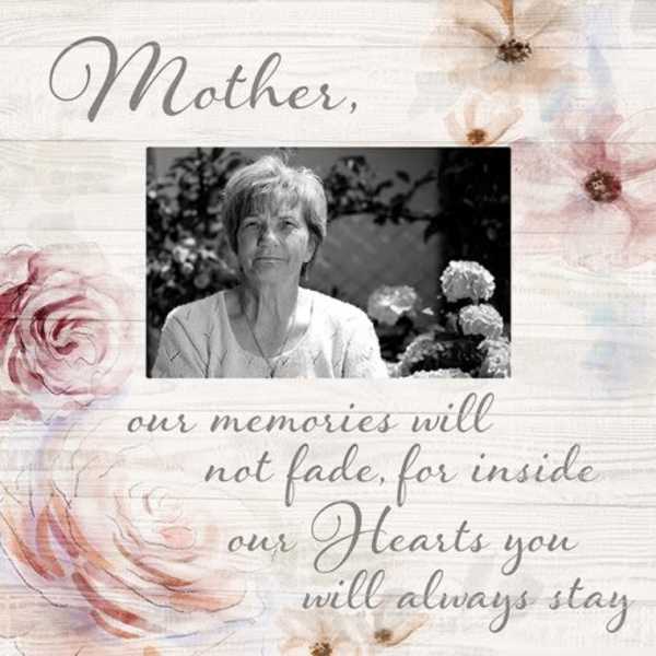 Sympathy card with a woman’s portrait and the words "Mother, our memories will not fade"