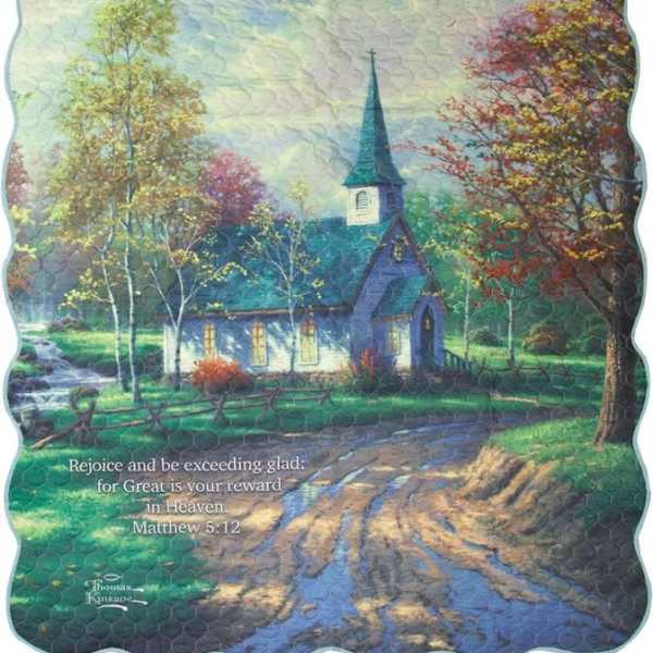 Quilted blanket with a church scene and Bible verse text