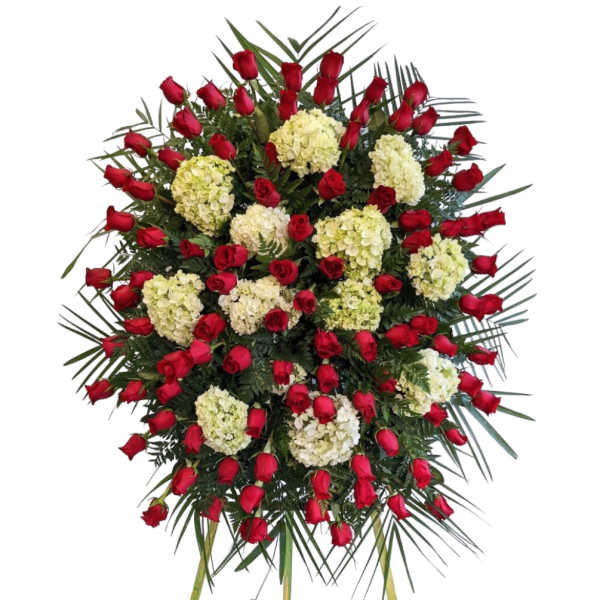 Standing floral spray of red roses and white hydrangeas