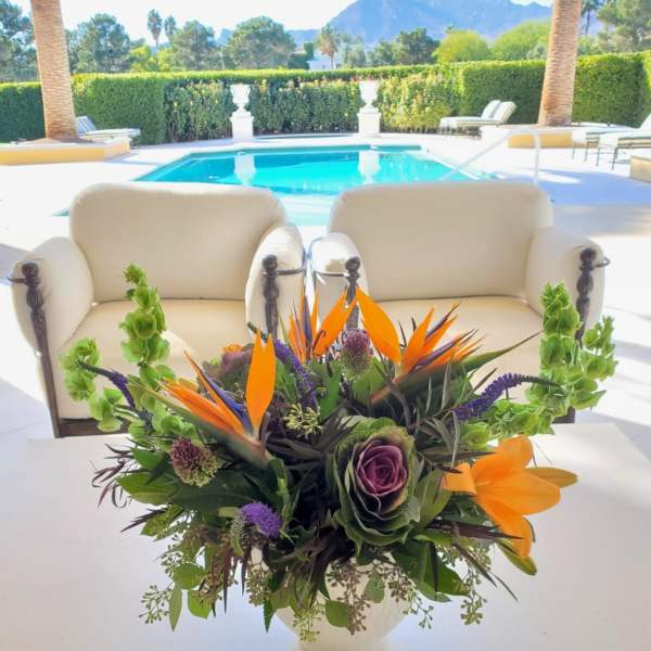 Tropical floral arrangement in a white vase with orange bird-of-paradise blooms