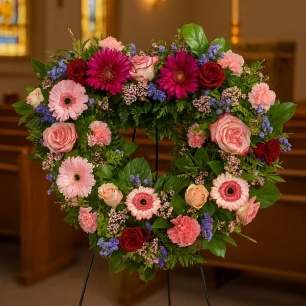 Heart-shaped floral wreath on an easel with pink and red flowers