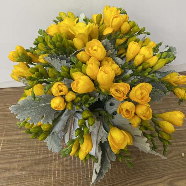 Bouquet of yellow freesia with silvery foliage