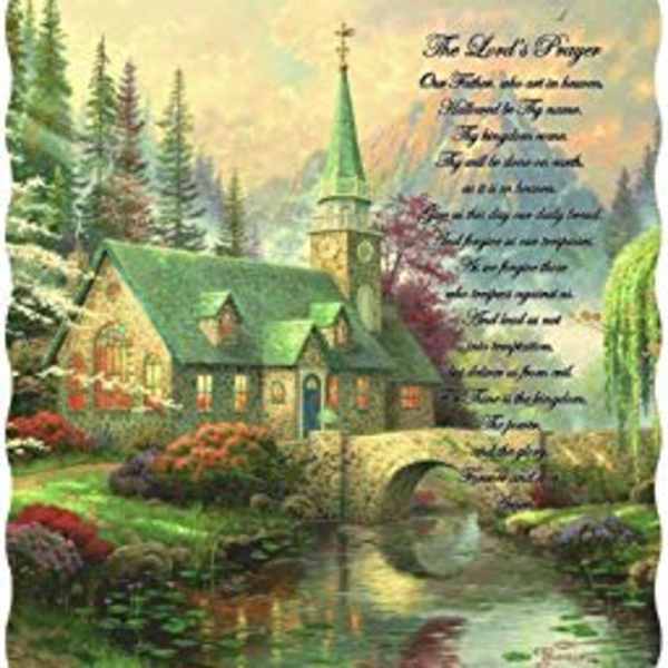 Decorative pillow with a church scene and printed prayer text