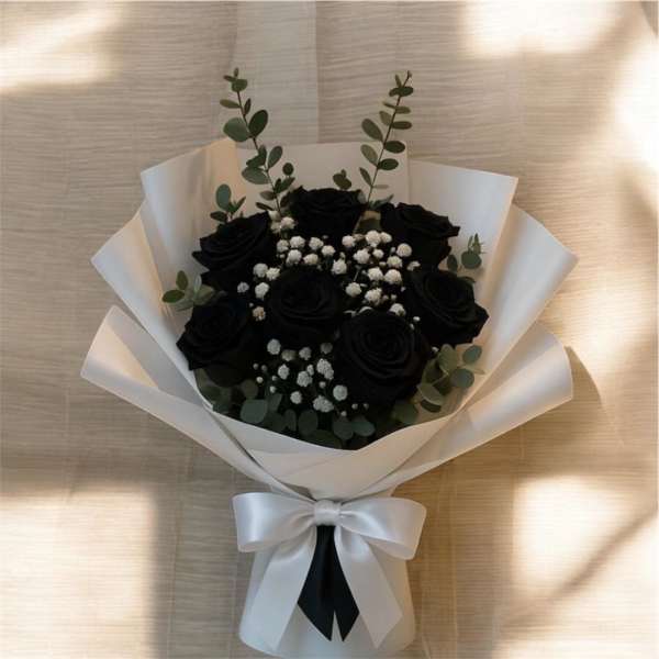 Bouquet of black roses with white baby's breath and eucalyptus in white wrap