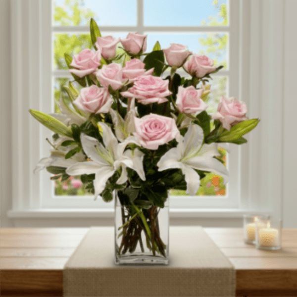 Pink roses and white lilies in a clear glass vase