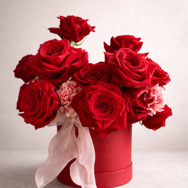 Red roses arranged in a round red box with a pale ribbon