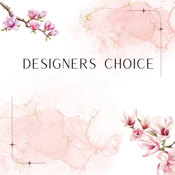 Pink magnolia blossoms with the words "Designers Choice" on a white background.