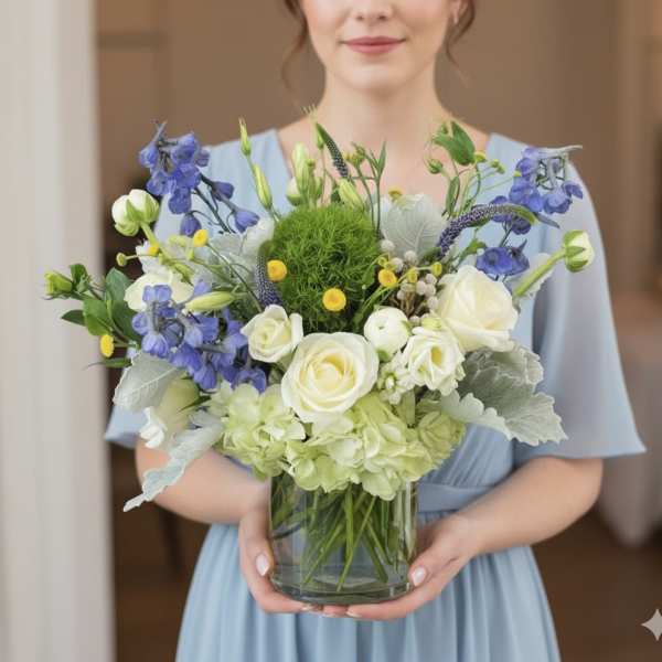 Woman holding a vase of white roses, blue flowers, and green hydrangeas