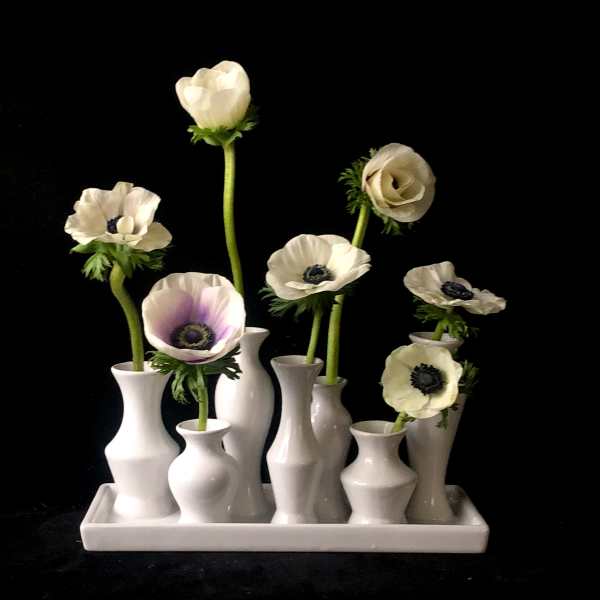 White anemone stems arranged in small white vases on a tray