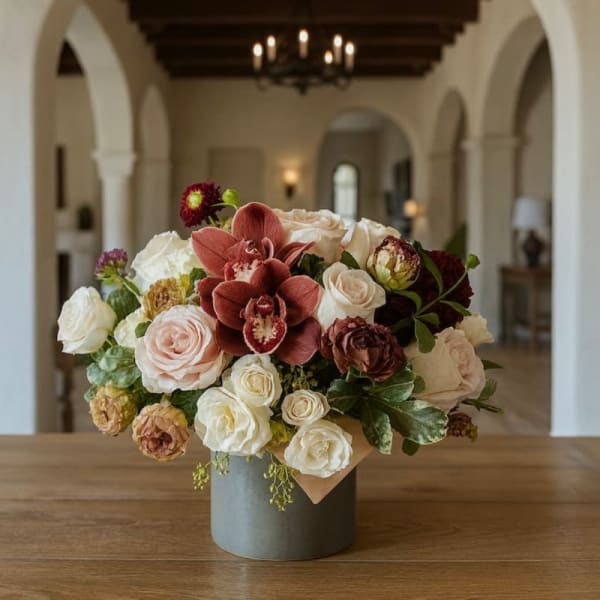 Bouquet of roses and orchids in a gray hatbox