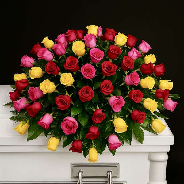 Multicolor rose casket spray of red, pink, and yellow roses on a white casket.