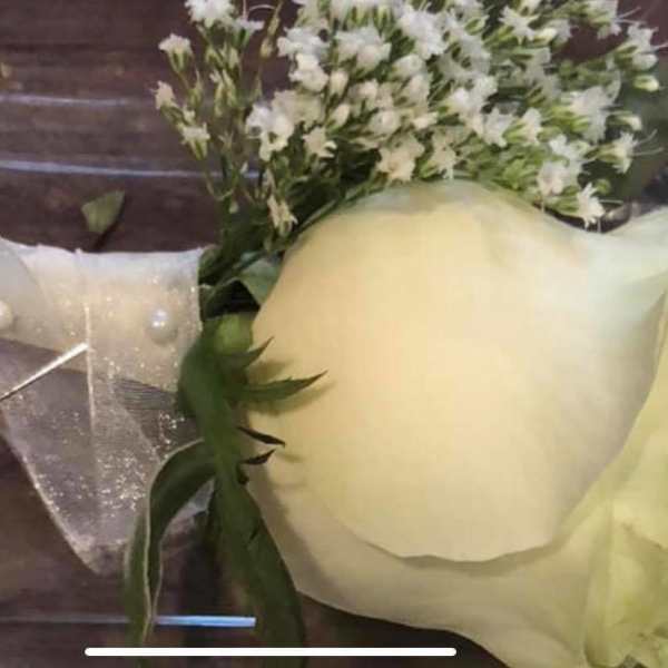 White rose boutonniere with pearl pins and sheer ribbon