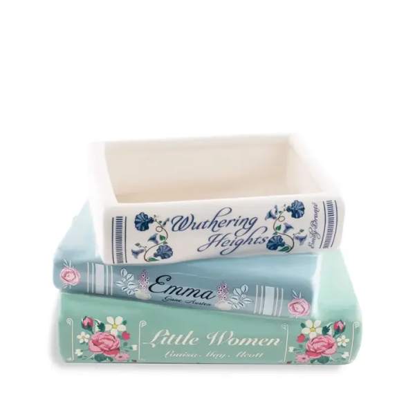 Stack of three decorative book-shaped boxes with floral designs