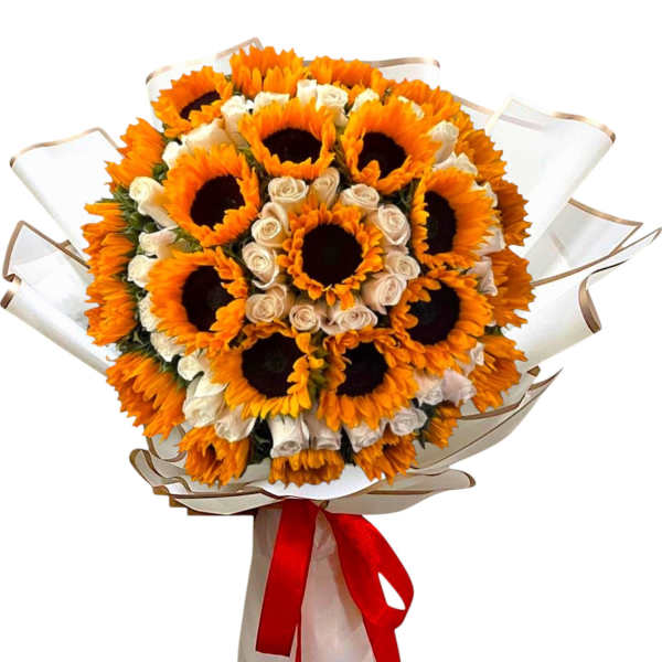 Bouquet of sunflowers and white roses wrapped with a red ribbon