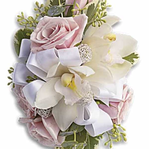 Pink roses and white orchids with a lavender ribbon