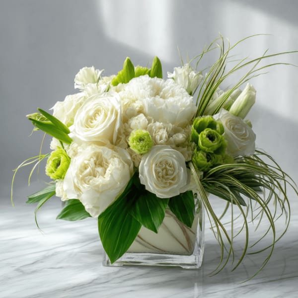 Low white rose and carnation arrangement with green ranunculus in a square glass vase and arching grass accents.