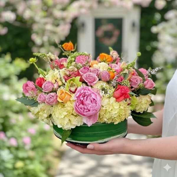 Handheld floral arrangement in a green container with pink and peach blooms