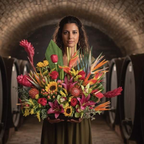 Woman holding a large tropical bouquet with bright pink, orange, and yellow flowers