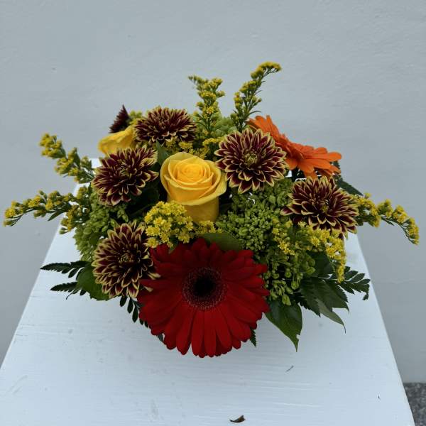 Mixed bouquet with red gerbera, yellow rose, and burgundy chrysanthemums