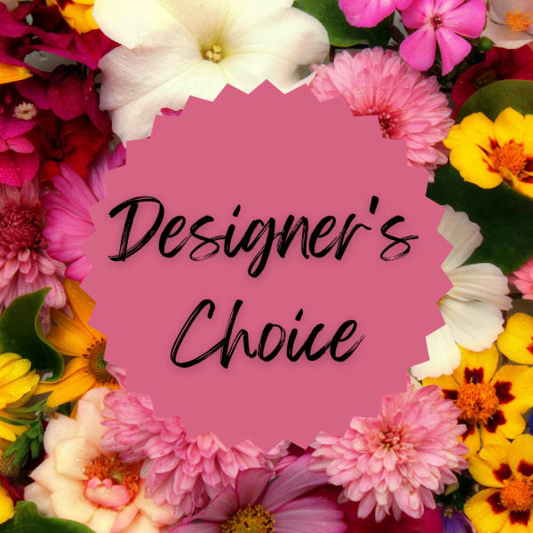 Colorful flower collage with a pink "Designer’s Choice" label