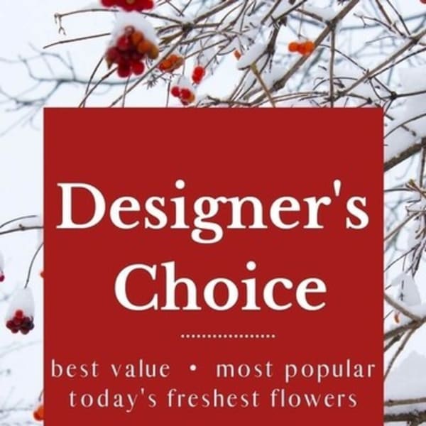 Winter branches with red and orange berries frame a red Designer's Choice banner.