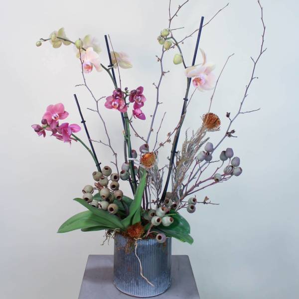 Tall orchid arrangement in a ribbed metal container with branches