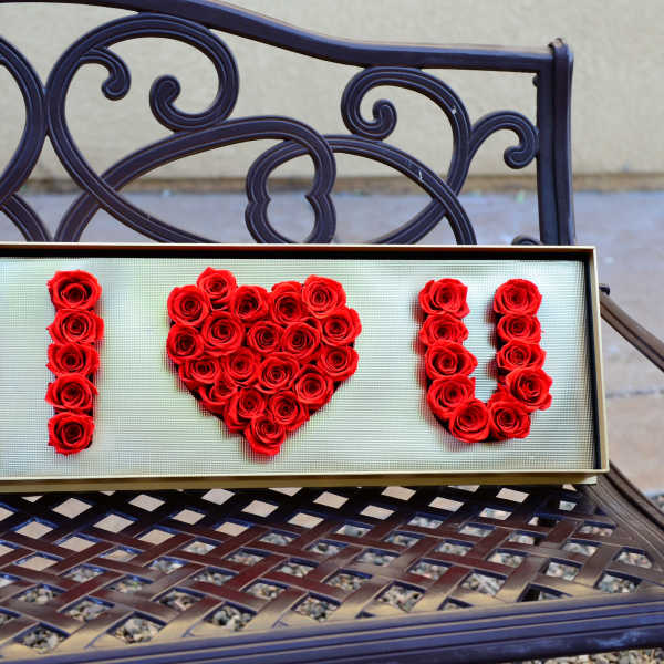 Framed red roses arranged to spell I love U