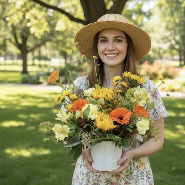 Woman holding a white pot of yellow and orange flowers