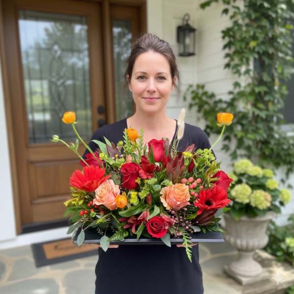 Woman holding a colorful bouquet on a tray