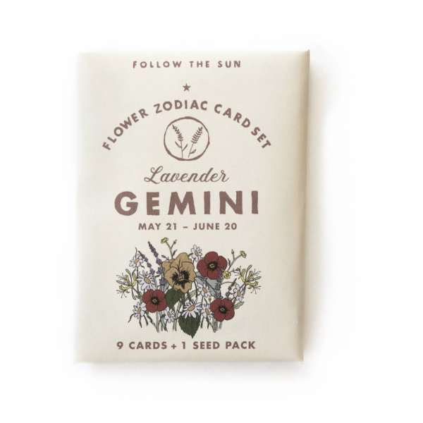 Lavender Gemini flower zodiac card set package with floral illustration