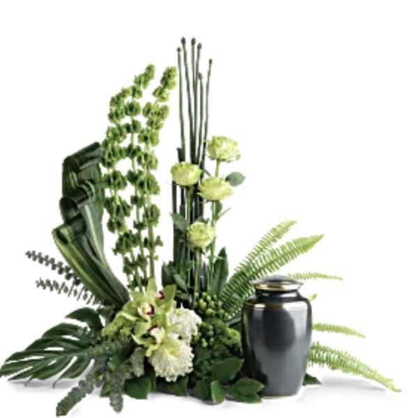 Green floral arrangement with a black urn