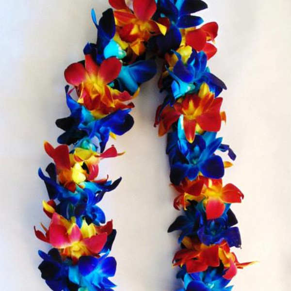Colorful flower lei made of red, blue, and yellow blossoms