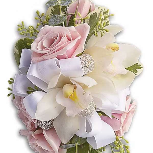 Pink roses and white orchids with a lavender ribbon
