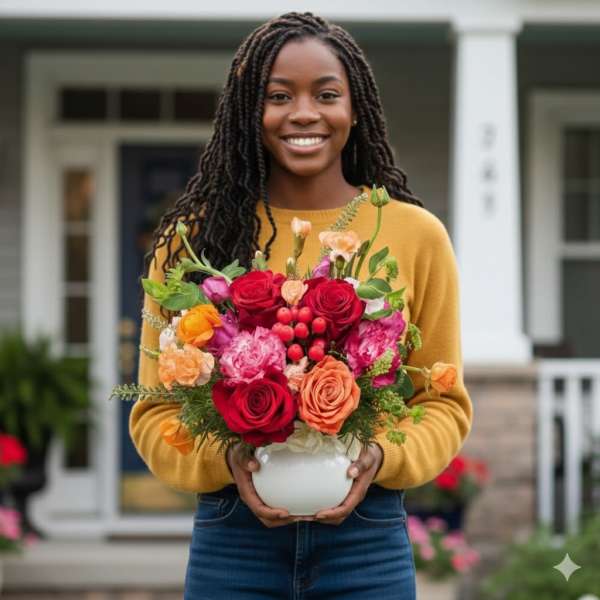 Woman holding a colorful bouquet in a white vase