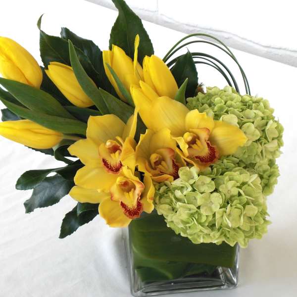 Yellow tulips and orchids arranged with green hydrangeas in a glass vase.