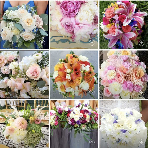 Collage of colorful bridal bouquets with roses, lilies, and mixed blooms